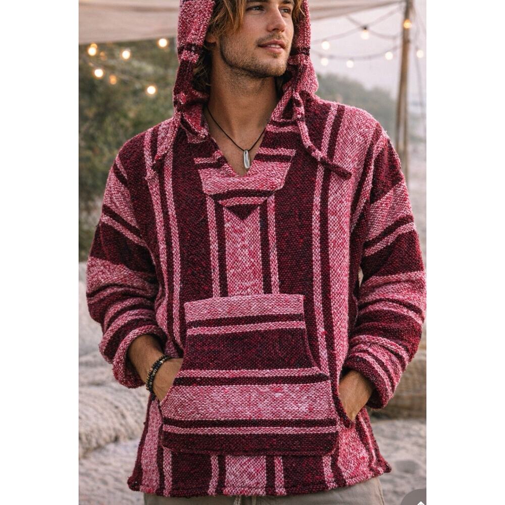 Artesanías Cuamatzi Baja Hoodie XXL Mexican Jerga Drug Rug Pullover Red Black